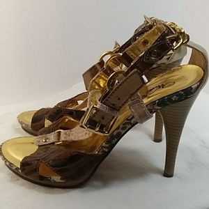 Wild Rose sz 9 Heels Gold/Animal/Crock
